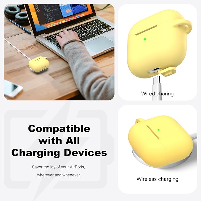 R-fun Compatible with AirPods 3 Case Cover, Silicone Protective Accessories Skin with Keychain Compatible with Apple AirPod 3rd Generation 2021 for Women Men Girls Boys,Front LED Visible,Yellow