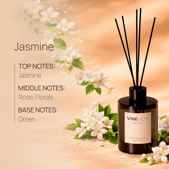 VINEVIDA | Jasmine | Reed Diffuser for Home & Bathroom | Long-Lasting Scent Sticks Set | Oil Stick Diffuser | Bathroom Scent
