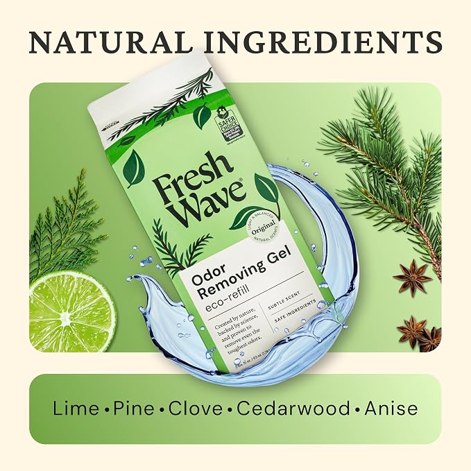Fresh Wave Odor Removing Gel Eco-Refill, 63 oz. Original Scent | 4 Empty Refillable Glass Jars | 4 Room Set