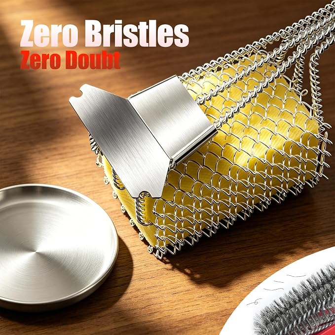 HOUSE AGAIN Bristle-Free Grill Brush with Scraper - Safe Steam Clean BBQ Brush with 18" Heat-Resistant Handle, 304 Stainless Locked-Core Mesh Head & HD Scraper | Grill Grate Cleaner Tool