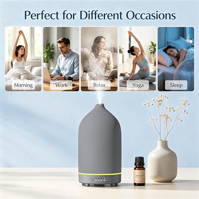 200ML Ceramic Essential Oil Diffuser for Home, Stone Diffuser | Ultrasonic Aromatherapy Diffuser & Air Humidifier for Bedroom, Office, Yoga, 7 LED Lights, Auto Shut-Off, 3 Timers, Grey