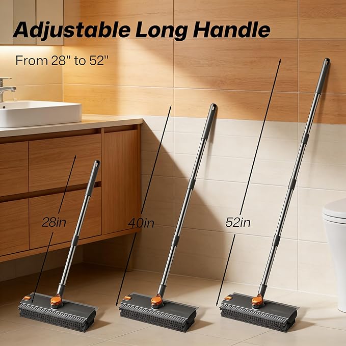 3-in-1 Floor Scrub Brush with Long Handle, Scrape and Heavy-Duty Stiff Bristle Floor Scrubber Brush with Squeegee and Tweezer for Cleaning Tile Kitchen Wall Deck Bathroom Patio Garage
