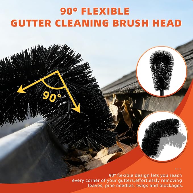 10.5 FT Gutter Cleaning Tools from The Ground with 2Pcs Nylon Brush Stainless Steel Telescopic Pole Adjustable Gutter Cleaner Tools No Ladder Needed for Easy Remove Branches Leaves