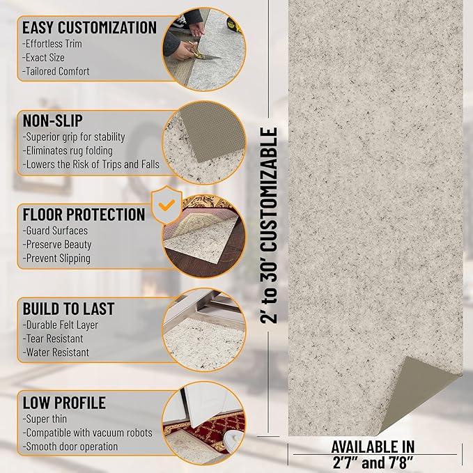 Ottomanson 7'8" x 9' Non-Slip Rug Pad Gripper 1/12 Inch Ultra Thin Dual Surface Felt + Rubber Gripper - Safe for All Floors, Cream