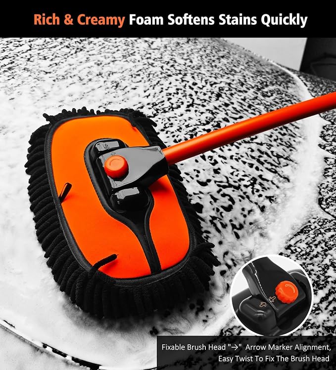 YeewayVeh 55" Car Wash Brush Mop, Extendable Long Handle, Orange | 15° Curved Extension Pole, Extra Microfiber Mop Head, Scratch-Free Auto Cleaning Kit for Truck, SUV & RV