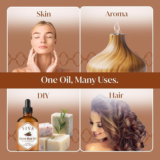 Siva Clove Bud Essential Oil, Glass Bottle with Dropper, 4 Fl Oz (118 ml) | Clove Bud Oil for Diffuser, Humidifier, Home Fragrance, Oral Care, Body Massage, Soap Making, Candle Making & DIY Projects