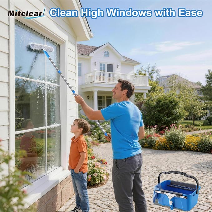 Window Cleaning Kit 77'' Long Handle with Bucket for Home Outdoor | Professional Window Washing Equipment, 77'' Long Handle, 14'' Silicone Squeegee, Microfiber Scrubber, Cloth, Commercial Use