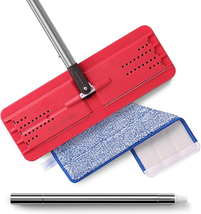 JOYMOOP Flat Mop Replacement Set, Microfiber Cleaning Tool with 60" Handle and Flexible 13" Head, Black & Red, for Floor and Wall Cleaning