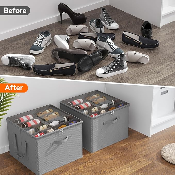 Lifewit Shoe Storage Organizer for Closet Fits 12-16 Pairs, Fabric Large Shoe Box Storage Containers with Clear Cover, Foldable Bins Fit for Boots Sneakers 17"(L) x 17"(W) x 12.5"(H) 3 Pack Light Gray