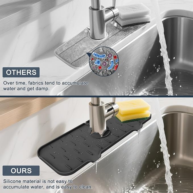 Kitchen Faucet Sink Splash Guard, Silicone Faucet Water Catcher Mat – Sink Draining Pad Behind Faucet, Grey Rubber Drying Mat for Kitchen & Bathroom Countertop Protect -Black