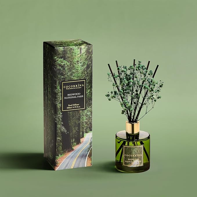 Reed Diffuser - Redwood National Park 6.7 Fl.oz Reed Diffuser Set with 8 Sticks & Preserved Baby's Breath, Reed Diffuser for Home Bathroom Shelf Decor