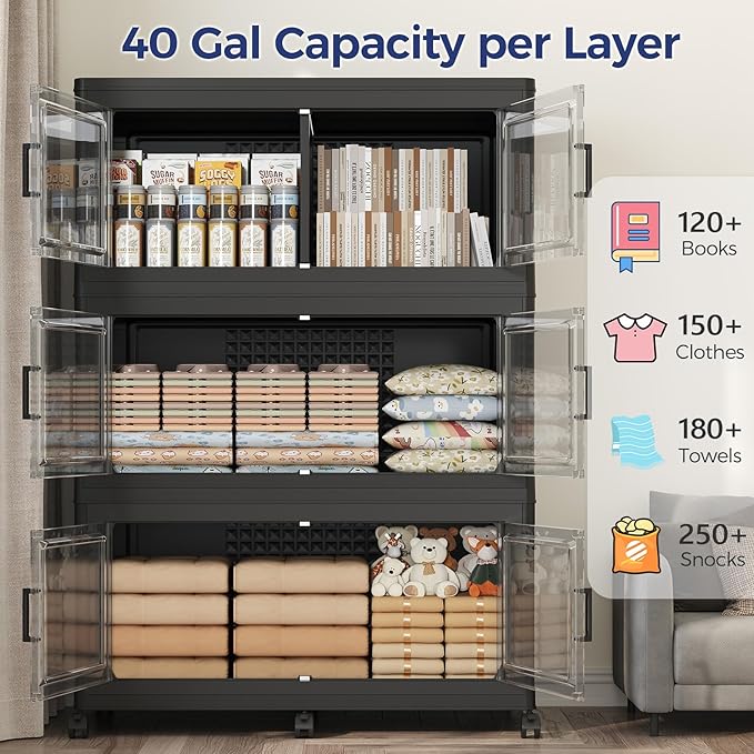 120GAL Extra Large Storage Bins with Lid, 480Qt Stackable Closet Organizers and Drawers, Collapsible Storage Bins with Wheels, Folding Storages Cabinet for Home Bedroom Office, 3Pack Black