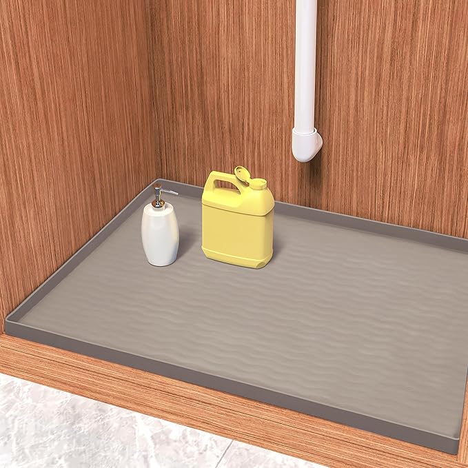 URMONA Waterproof Silicone Under Sink Mat 28'' x 19'' Shelf Liner for Kitchen and Bathroom, Cabinet and Counter Protector, Storage and Organizers, Litter Mat, Pet Cat Puppy Essentials(Beige)