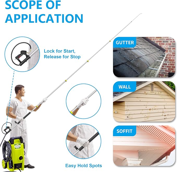 24 FT Telescoping Pressure Washer Wand Extension, Aluminum Power Washer Extension Wand with Turbo Nozzle, 5 Nozzle Tips, 2 Adapters, Harness, Gutter Cleaning Tools from The Ground