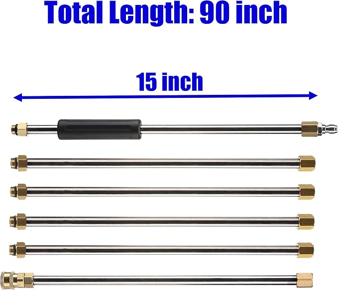 M MINGLE Pressure Washer Wand Extension, 7.5-Feet, 1/4’’ QC, 4000 PSI | Stainless Steel Lance, Adjustable Length up to 90 Inches, Fits Most Cleaning Attachments, Clears Hard-to-Reach Surfaces
