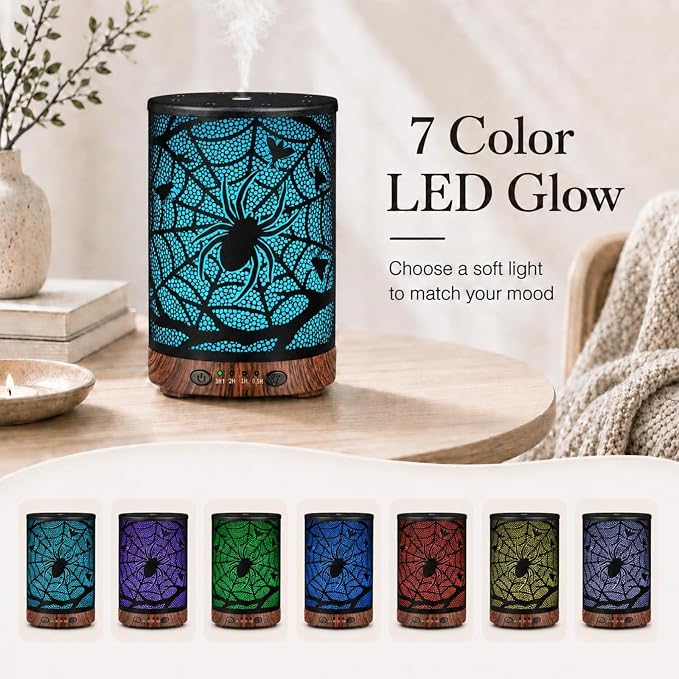 Essential Oil Diffuser 120ML Metal Aromatherapy Diffuser with Timer, Cool Mist Humidifier with Auto Shut-Off & 7 Color Lights for Home Office Spa (Spider Web)
