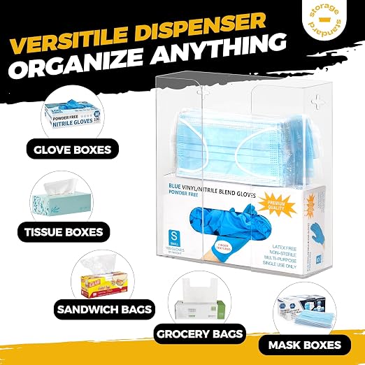 Double Glove Box Holder Dispenser - Kitchen, Medical, & Latex Gloves Holder Wall Mount or Countertop, Universal Fit - Thick Acrylic, Easy to Use, Slide, & Load Open Top Design - Clear