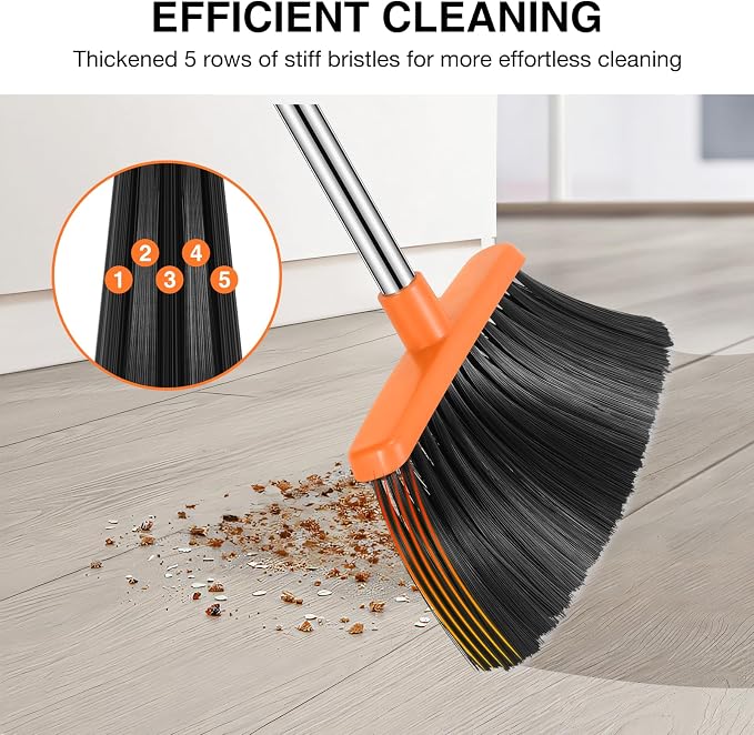 NACENA Broom and Dustpan Set, 52-in Long Adjustable Handle Broom Dustpan Combo with Dust pan Teeth to Automatically Clean Hair Suitable for Home Kitchen Office Hall Floor (Black&Orange), 2 Pack