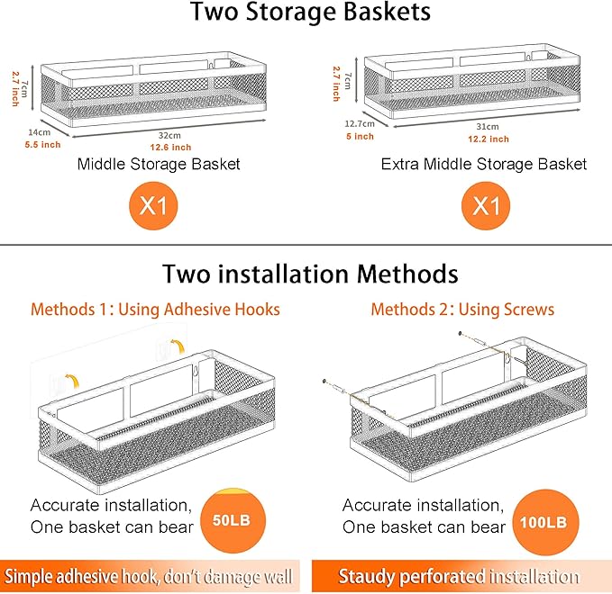 PUSDON Hanging Storage Baskets Organizer Wall Mount, Metal Wire Storage Bin Rack for Kitchen Bathroom Shower Spice Shelf Home Decor Essentials White-2 Packs (Netting)