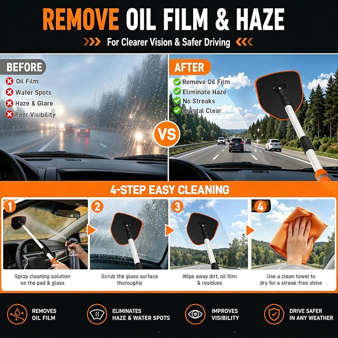 XINDELL Interior Windshield Cleaner Tool, Extendable Car Window Cleaning Kit with 360° Rotating Head