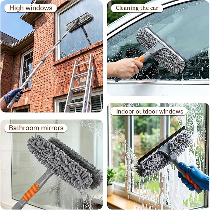 67" Window Squeegee for Window Cleaning with Extension Pole, 3-in-1 | Rotatable Lock Design,Stainless, Professional Window Cleaner Tool Kit for Indoor Outdoor High Windows,Car Glass,Shower Doors