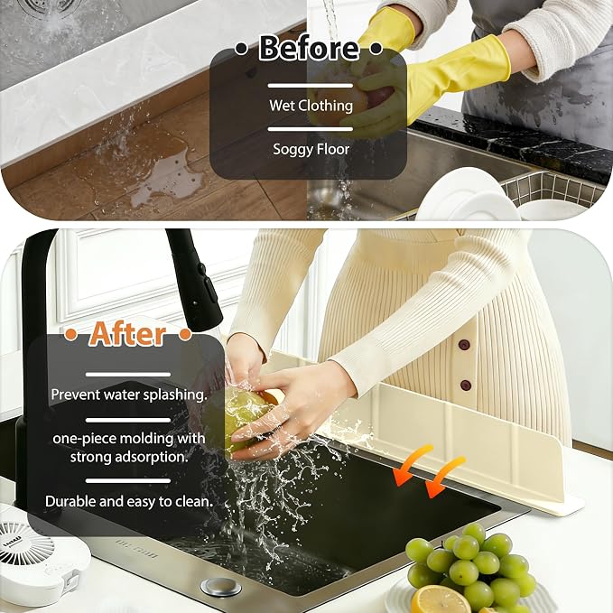 28Inch Silicone Sink Splash Guard with Strong Suction Cups, Flexible Kitchen Sink Splash Guard for Front of Sink, Easy to Clean Splash Guard for Kitchen & Bathroom (White, 28''x2.8'')