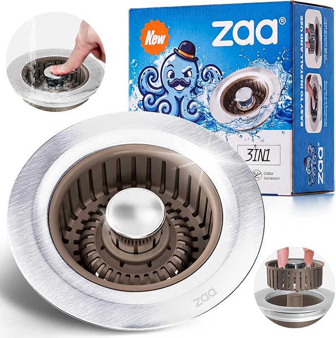 Upgraded 3in1 Kitchen Sink Drain Strainer & Sink Stopper, Stainless Steel Kitchen Drain Plug & Cover with Anti-Clogging Basket Strainer, Fit US Standard 3-1/2'' Sink Drain Hole, Brown