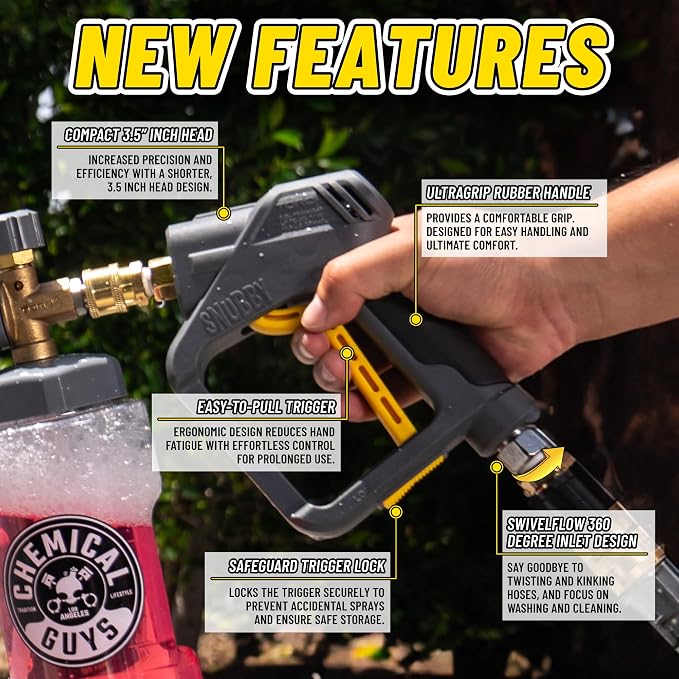 Chemical Guys, Snubby Short Pressure Washer Gun with Foam Cannon Attachment | Short-handle gun fits gas and electric washers for better control, pairs with a foam cannon for thick suds