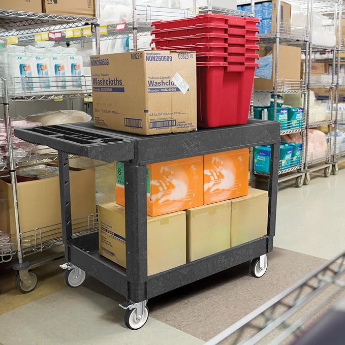 Utility Cart on Wheels, Heavy Duty Large Flat Top Rolling Service Cart, 46 x 25 Inch Work Carts, 2 Shelf 1000 lbs Capacity Plastic Tool Cart, for Warehouse, Garage, Cleaning, Black