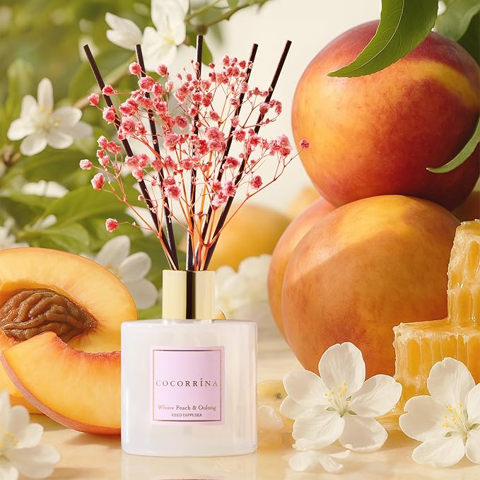 Reed Diffuser Sets - 6.7 oz. White Peach& Oolong Scented Diffuser with 8 Sticks Home Fragrance Reed Diffuser for Bathroom Shelf Decor