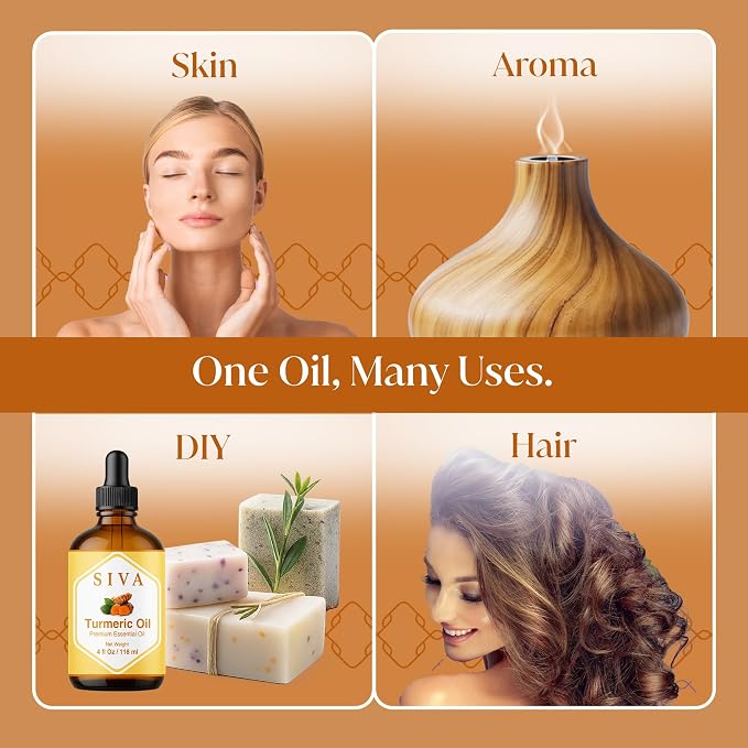 Siva Turmeric Essential Oil, Glass Bottle with Dropper, 4 Fl Oz (118 ml) | Turmeric Oil for Skin Care, Face Care, Hair Care, Body Massage, Diffuser, Soap Making, Candle Making, Blending & DIY Projects