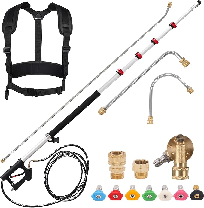 24 FT Telescoping Pressure Washer Wand, with 3 Curve Wands | Telescopic Gutter Cleaner With 7 Spray Nozzle Tips, Adjustable Support Belt and 2 Adapters, 4000 PSI
