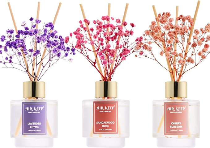 Reed Diffuser Set of 3, Lavender Thyme Sandalwood Rose Cherry Blossom Oil Reed Diffusers for Bedroom Living Room Office Aromatherapy Oil Reed Diffuser for Gift 50ml x 3