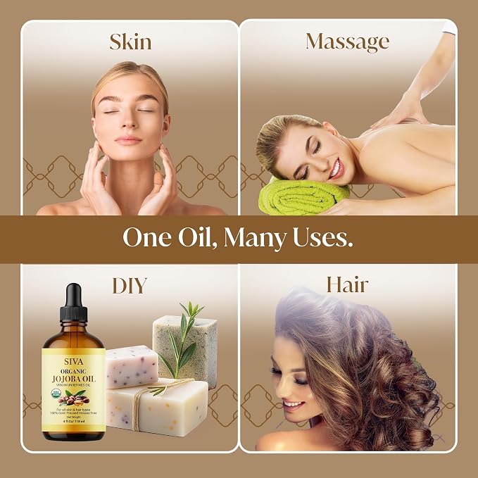 SIVA ORGANICS Jojoba Carrier Oil with Dropper, 4 Fl Oz (118 ml) | Jojoba Oil for Skin Care, Facial Oil, Hair Care, Scalp Massage, Nail Care, Body Massage & DIY Beauty Blends, Glass Bottle