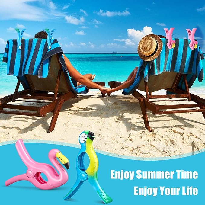 4 Pieces Beach Towel Clip Jumbo Size Chair Clips Towel Holder Clothes Pegs Christmas Stocking Clamp for Cruise Patio Pool Holiday Vacations(Parrot, Flamingo,Blue, Pink)