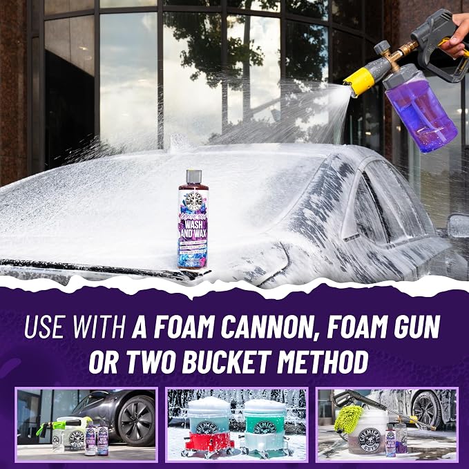 Chemical Guys Extreme Bodywash & Wax Car Wash Soap, 64 oz | Thick clinging foam in cannons, guns or buckets, carnauba adds gloss, gentle on wax and sealant, grape scent