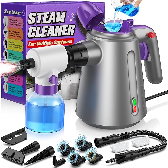 Handheld Steam Cleaner for Home, Steamer for Cleaning Purple | Upholstery Bed Furniture Couch Carpet Car Pressurized Multi Purpose 14 Accessories & Safety Lock, Small Container for Grease
