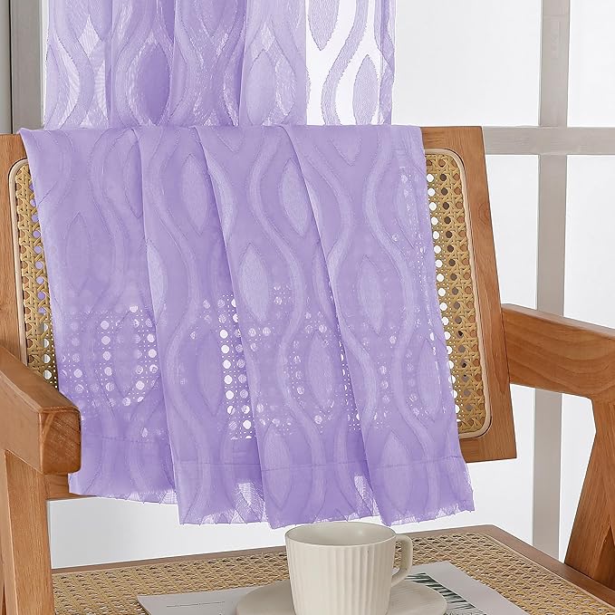 Aiyufeng Sheer Curtains 45 Inch Length 2 Panels, Farmhouse Soft Airy Lightweight Clip Jacquard Textured Curtains, Chic Wavy Line Window Curtains for Bedroom Living Room, Light Purple, 40Wx45L Inches