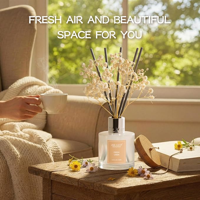 Reed Diffuser Set,3.38 fl oz (100 ml) - Fresh Linen Oil Diffusers with 8 Reed Sticks, Home Fragrance Reed Diffuser for Bathroom Shelf Decor