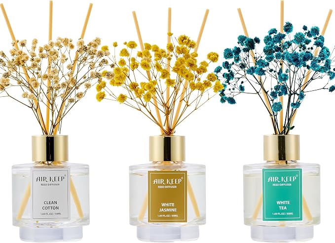 Reed Diffuser Set of 3,Clean Cotton White Jasmine White Tea Oil Reed Diffusers for Bedroom Living Room Office Aromatherapy Oil Reed Diffuser for Gift 50ml x 3