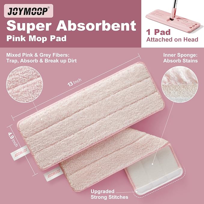 JOYMOOP Flat Mop, Microfiber Cleaning Pad for Floor Cleaning, 60" Long Handle with Flexible Mop Head, Pink
