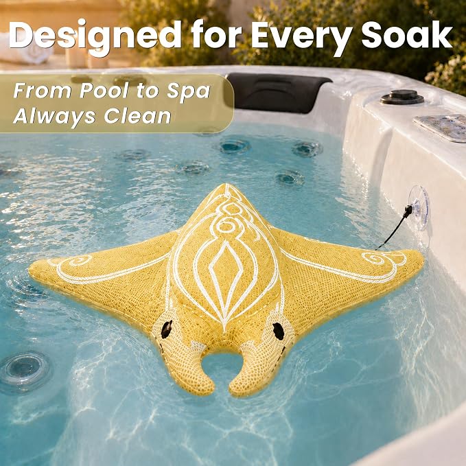 Swimming Pool & Swim Spa Scum Absorber - Yellow Oil Absorbing Stingray, Floating Pool Cleaner for Inground & Above Ground Pools, Keeps Water Clear, Machine Washable