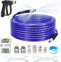 Sewer Jetter Kit for Pressure Washer 50 FT, Drain Cleaner Hose with Power Washer Gun, 1/4 Inch NPT Corner, Rotating and Button Nose Sewer Jetting Nozzle,Waterproof Tape, Pearl Corsage Pin, Spanner