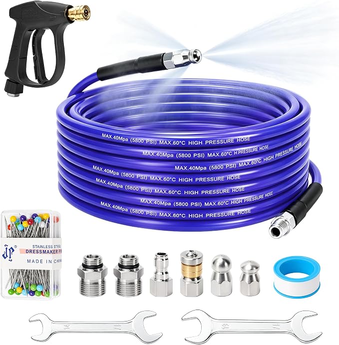 Sewer Jetter Kit for Pressure Washer 50 FT, Drain Cleaner Hose with Power Washer Gun, 1/4 Inch NPT Corner, Rotating and Button Nose Sewer Jetting Nozzle,Waterproof Tape, Pearl Corsage Pin, Spanner
