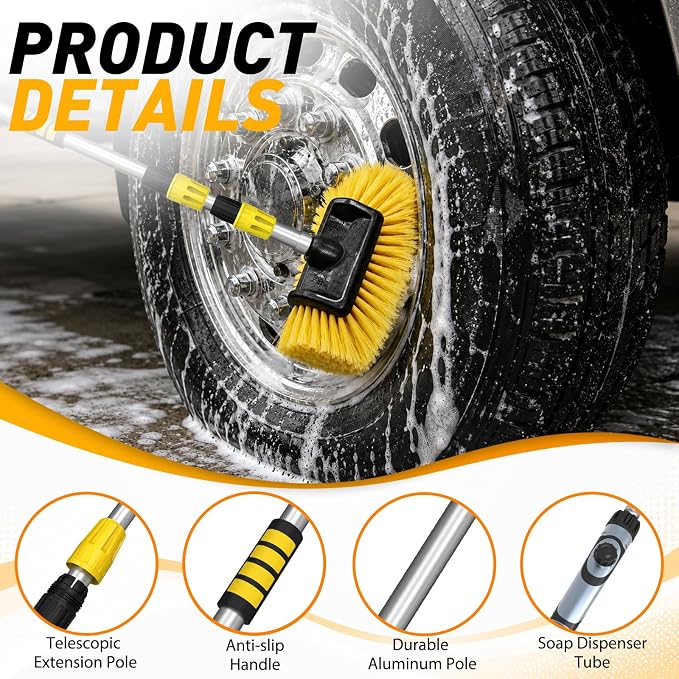 SISUPASSIE 12FT Car Wash Brush with Long Handle, Telescopic Car Wash Brush with Soap Dispenser, 12-Inch Soft Bristle Car Cleaning Brush for Cleaning Car, RV, Truck, Boat, Solar Panels, Yellow