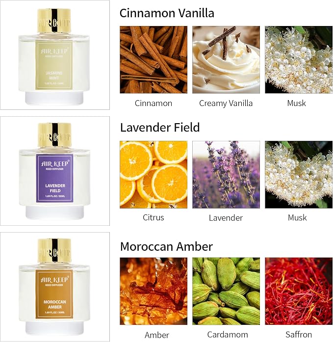 Reed Diffuser Set of 3, Cinnamon Vanilla Lavender Field Moroccan Amber Oil Reed Diffusers for Bedroom Living Room Office Aromatherapy Oil Reed Diffuser for Gift 50ml x 3
