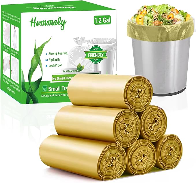 Hommaly 1.2 Gallon 240 pcs Small Golden Trash Bags, Strong Garbage Bags, Bathroom Gold Trash Can Bin Liners Unscented, Mini Plastic Bags for Office, Waste Basket Liner, Fit 4.5-5 Liters, 0.5-1.2 Gal