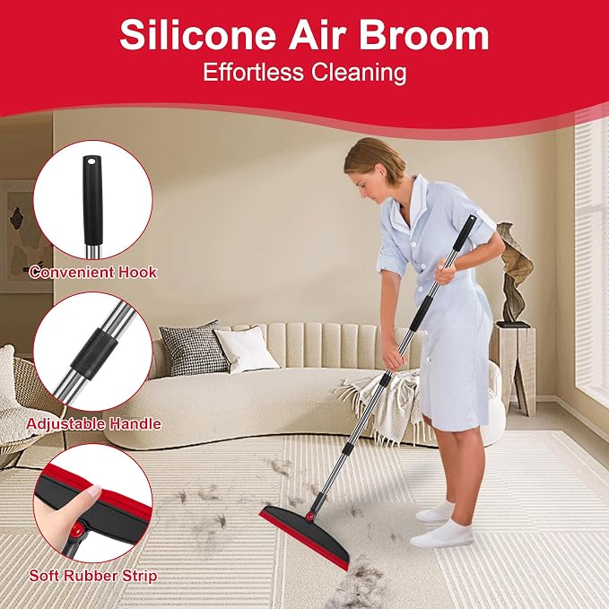 Broom and Dustpan Combo Set, 51" Long Handle with Silicone Squeegee | Wet & Dry Cleaning for Pet Areas, Built-in Comb Dustpan, Foldable Space-Saving Storage, Multi-Surface Floor Cleaning
