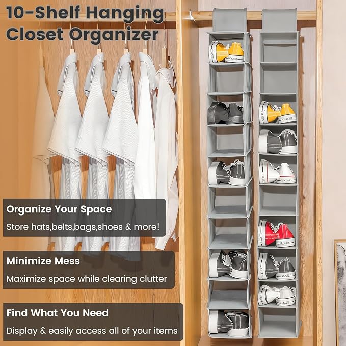 HomeBeyond 10 Shelf Hanging Closet Organizer, Grey Storage Shelves for Clothes, Shoes, and Accessories, Space Saving Closet Storage Solution
