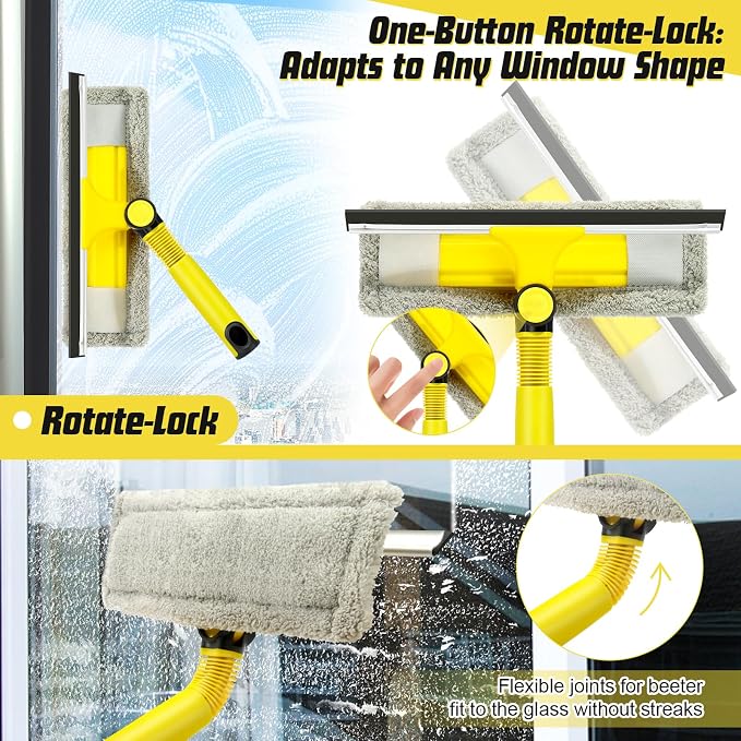 Professional Window Squeegee with 60" Extension Pole for Home | 2 in 1 Squeegee for Window Cleaning with Scrubber/ Rotatable Head for Car Glass Shower Indoor & Outdoor High Windows